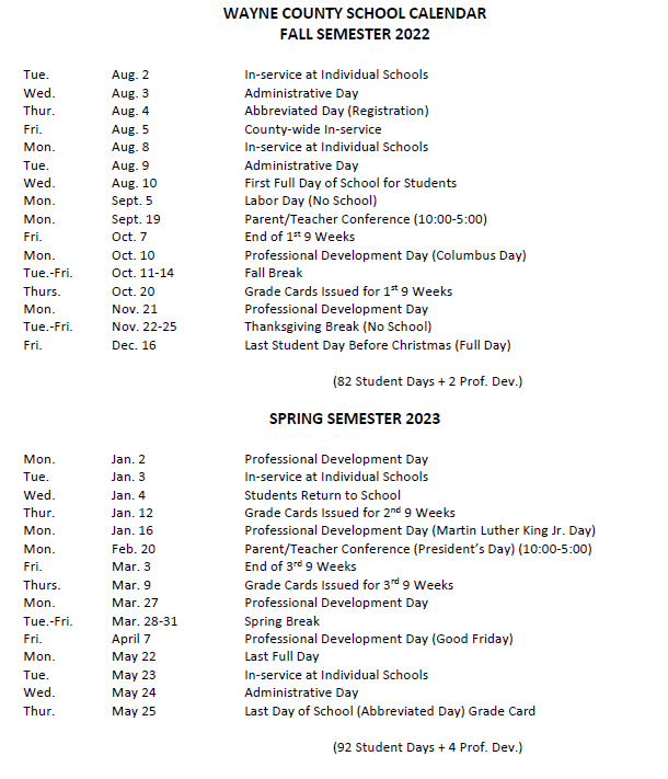 2022-23 Wayne County School Calendar